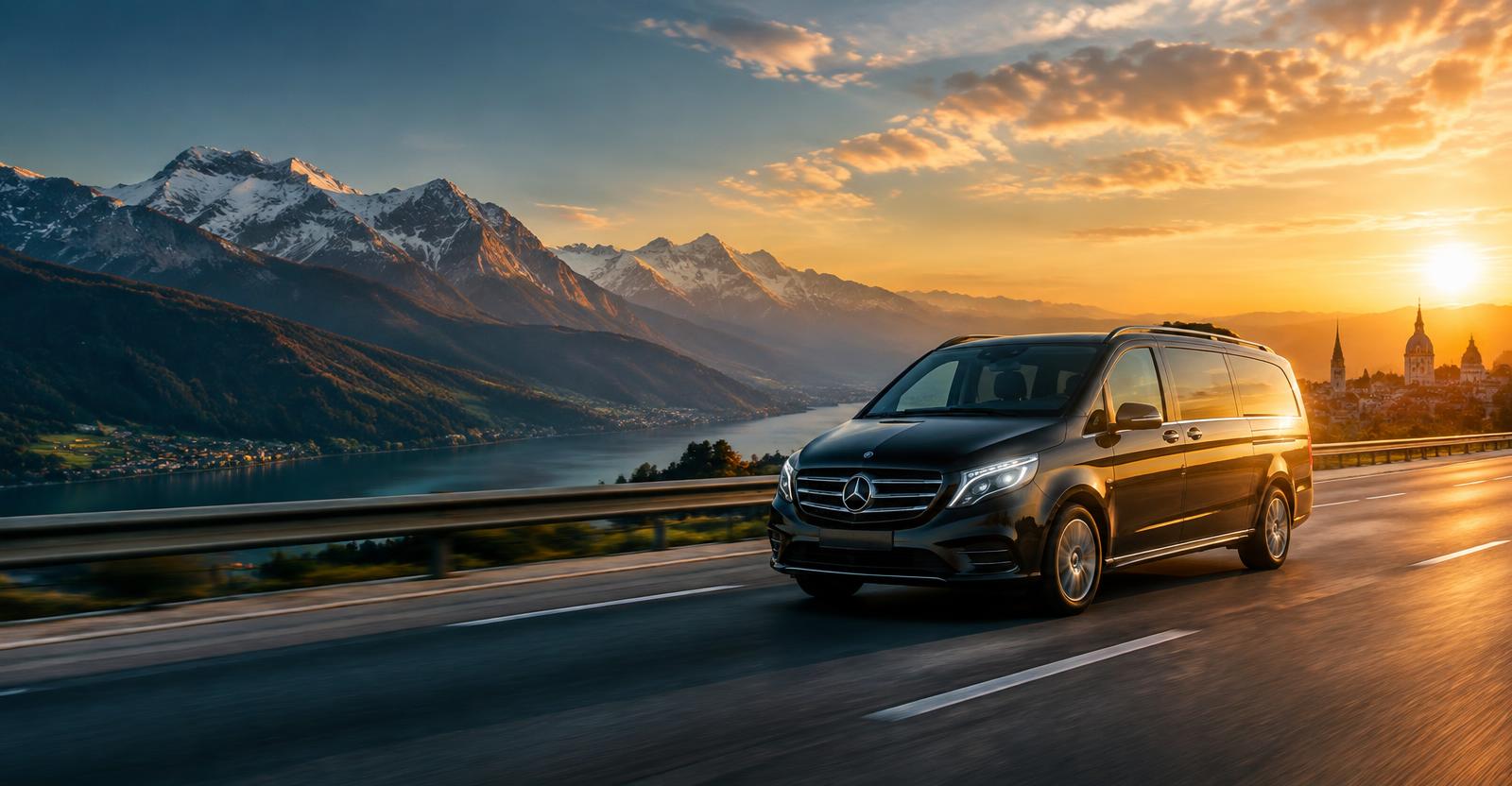 Passenger van travelling through Europe at sunset